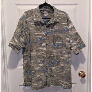 Vintage J Crew Mens XL 100% Cotton Green Hawaiian Print Button Up Shirt
